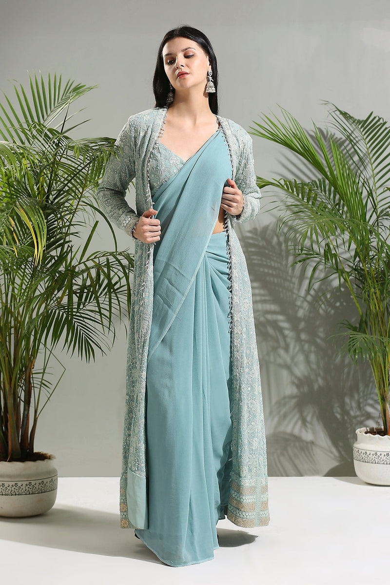 Dusty Blue Jacket And Saree Set