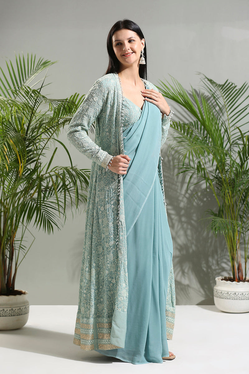 Dusty Blue Jacket And Saree Set