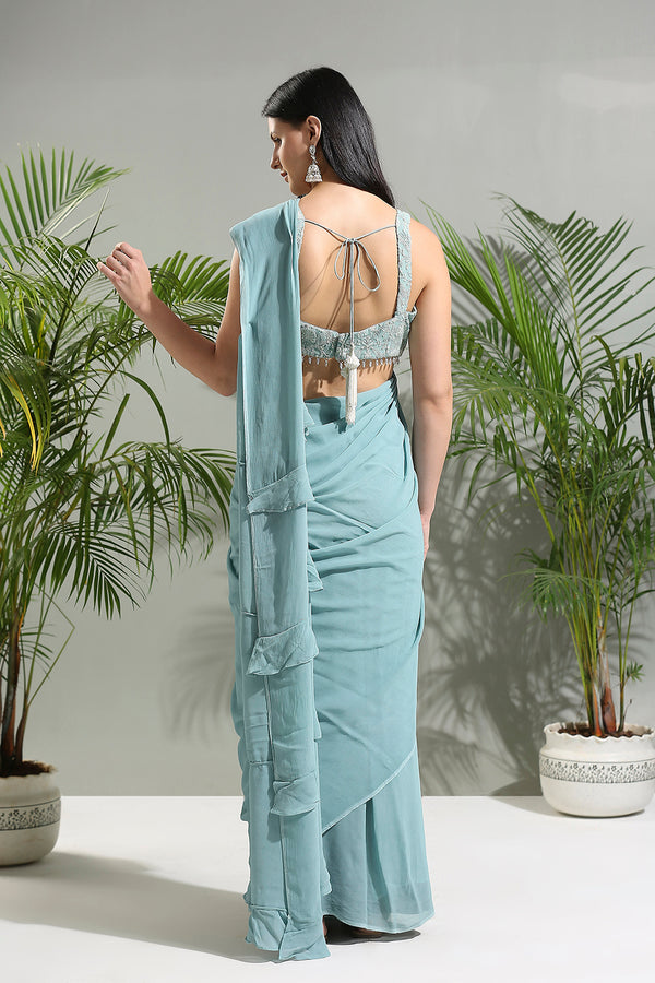 Dusty Blue Jacket And Saree Set