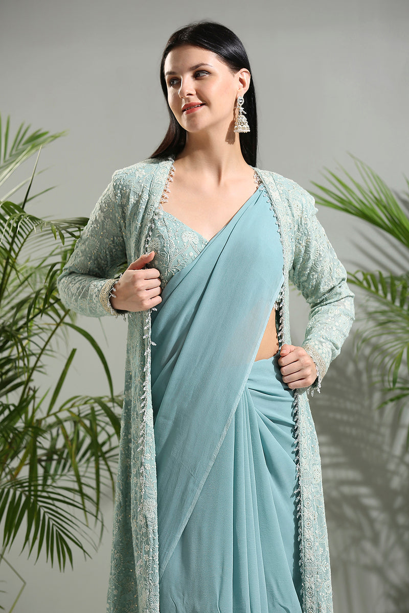 Dusty Blue Jacket And Saree Set