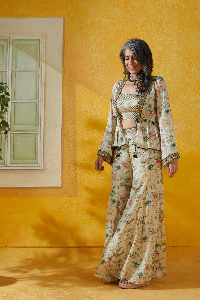 Chiffon Floral Printed Pantset Along With Tube And  Flared Sleeeve Jacket