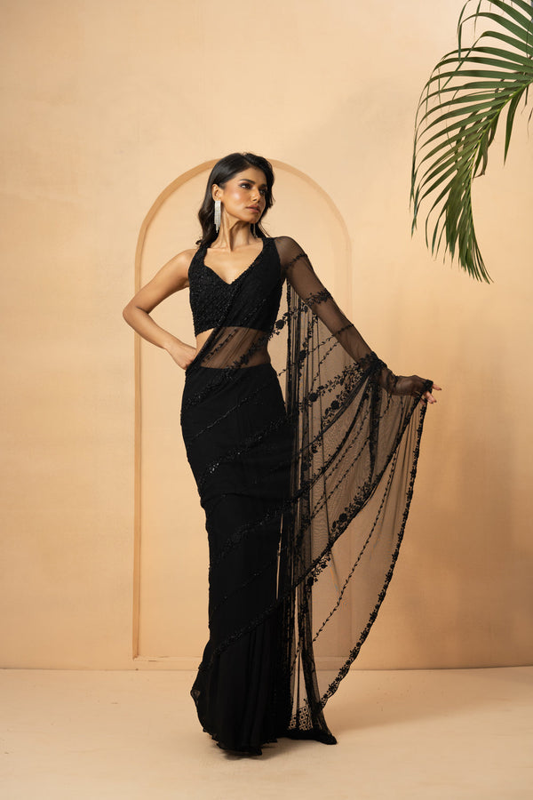 Black Embroidered Pre-Stitched Drape Saree