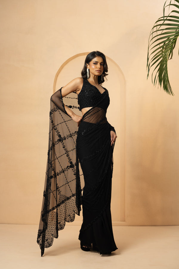 Black Embroidered Pre-Stitched Drape Saree