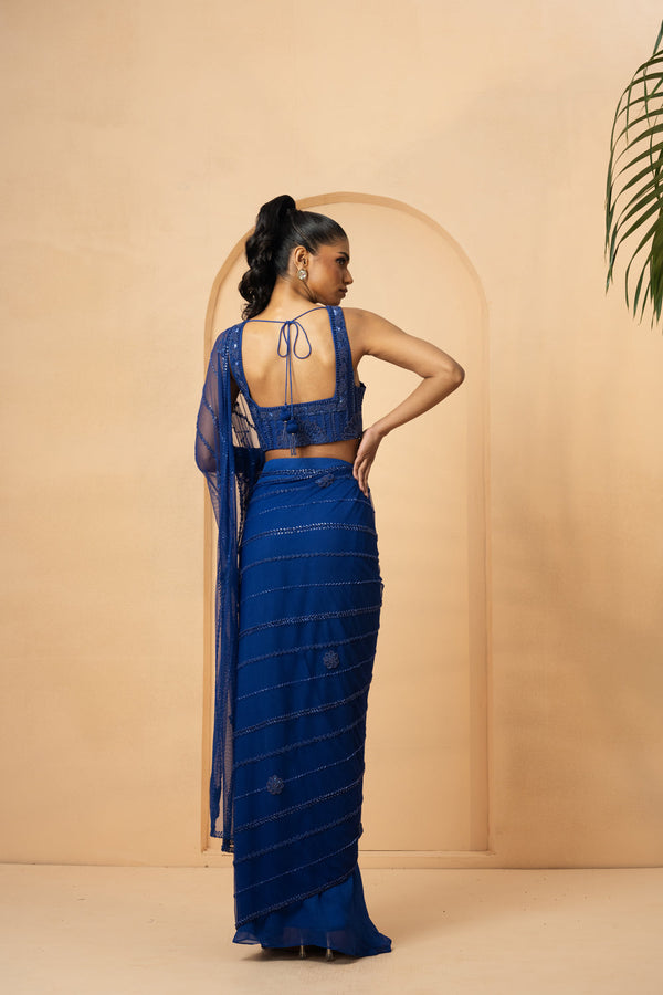 Blue Embroidered Pre-Stitched Drape Saree