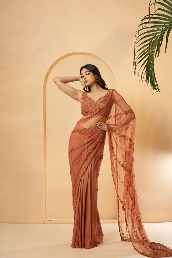 Dust Pink Embroidered Pre-Stitched Drape Saree