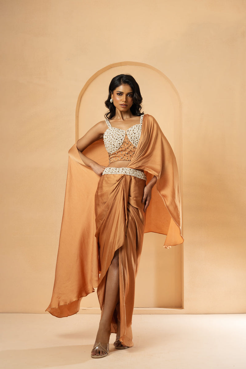 Golden Embroidered Pre-Stitched Drape Corset Saree