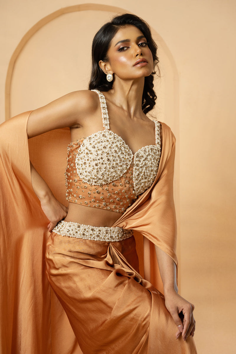 Golden Embroidered Pre-Stitched Drape Corset Saree