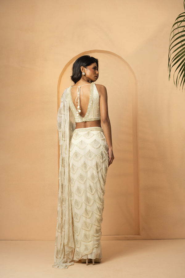 Ivory Embroidered Pre-Stitched Drape Saree