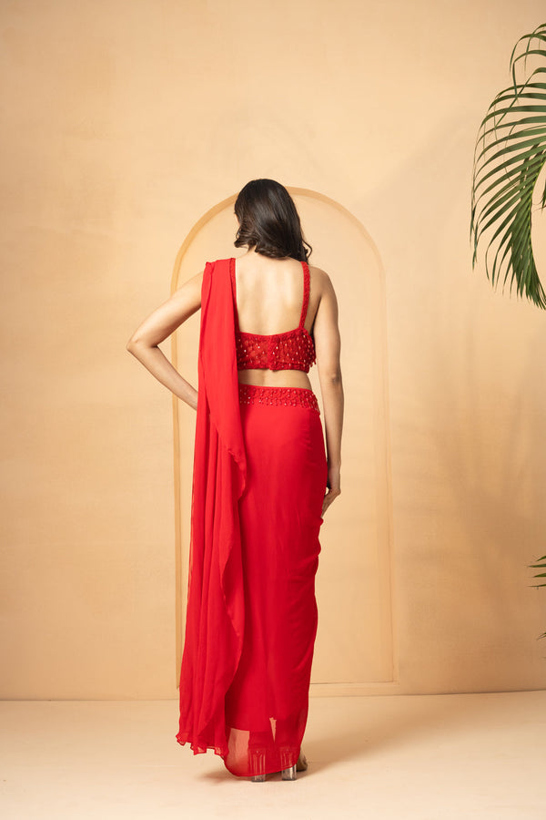 Red Embroidered Pre-Stitched Drape Corset Saree