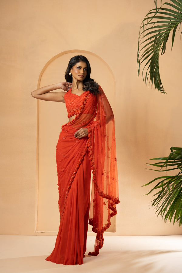 Orange Embroidered Pre-Stitched Drape Saree