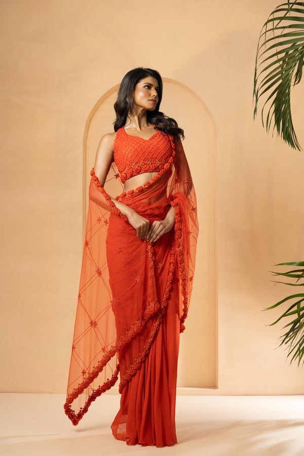 Orange Embroidered Pre-Stitched Drape Saree