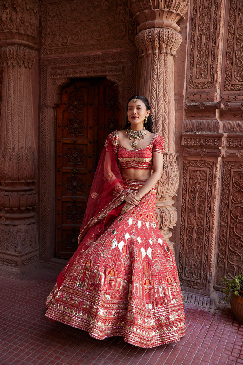 "Randhra" Coral Hand Embroidered Lehenga Set