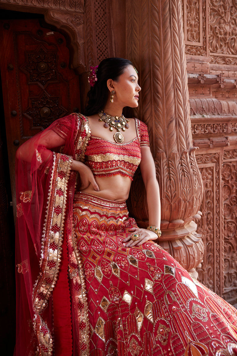 "Randhra" Coral Hand Embroidered Lehenga Set