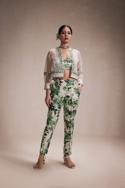 Green Embroided Organza Jacket & Pant Set