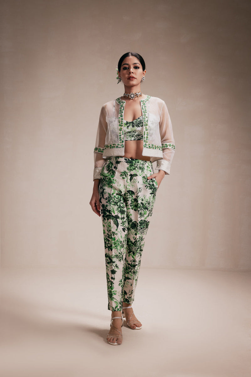 Green Embroided Organza Jacket & Pant Set