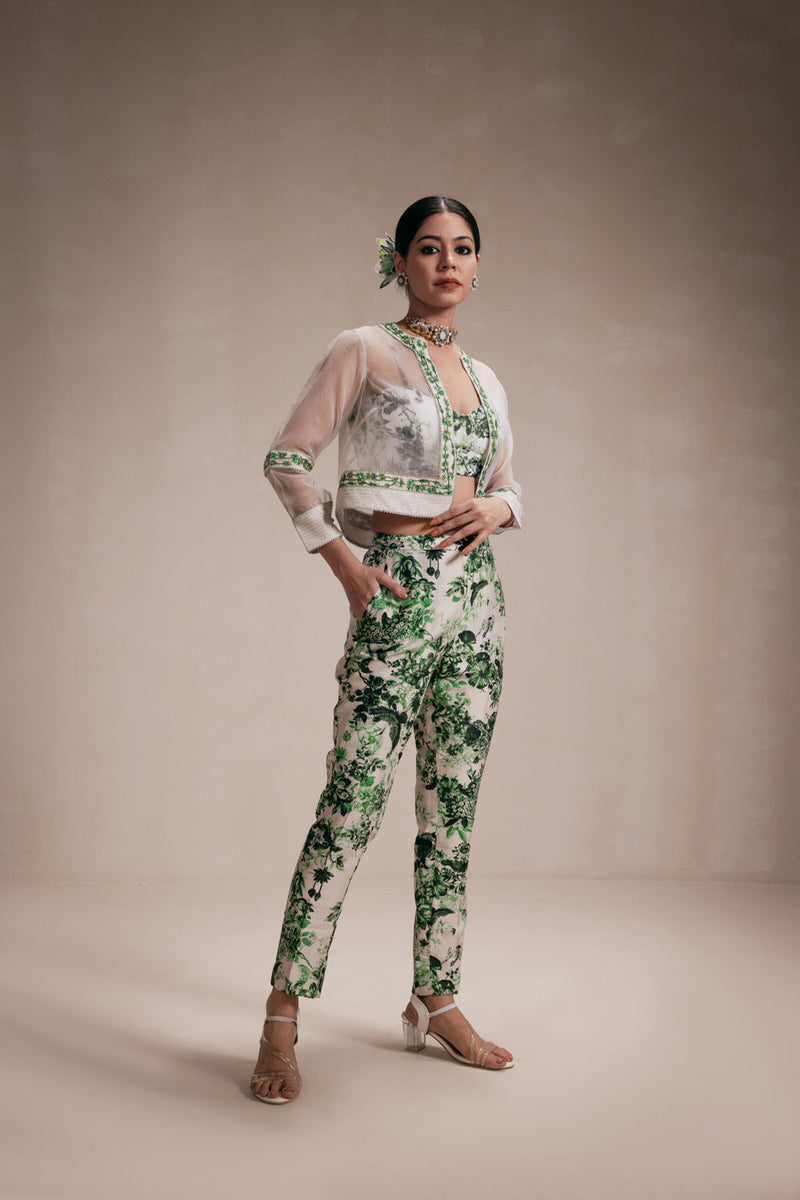 Green Embroided Organza Jacket & Pant Set