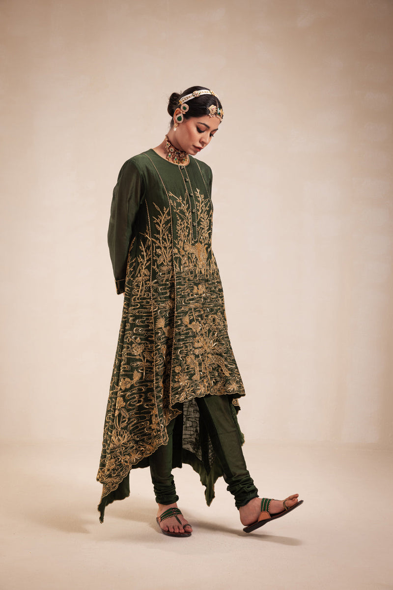 Green Chanderi High Low Anarkali