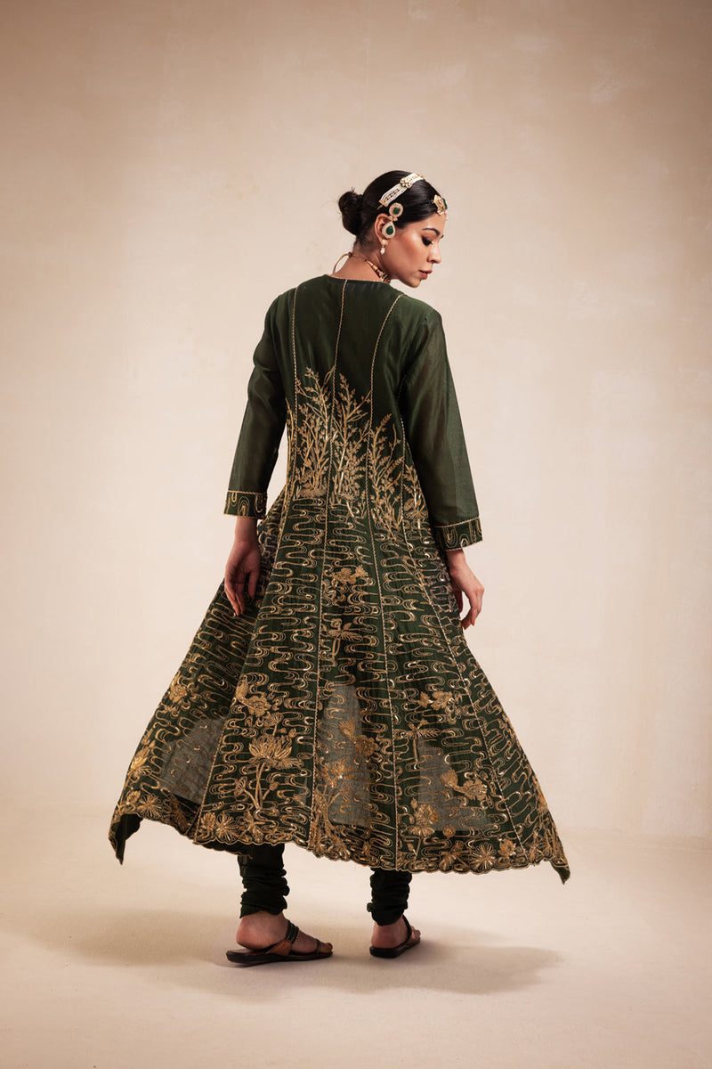 Green Chanderi High Low Anarkali