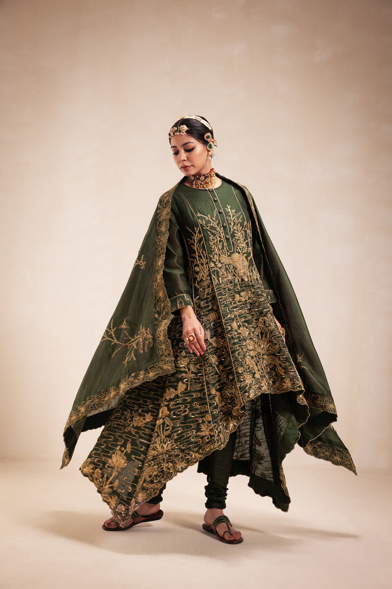 Green Chanderi High Low Anarkali