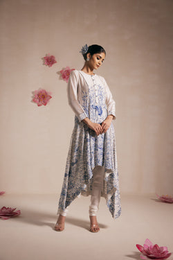 Blue Chanderi High Low Anarkali With Churidar