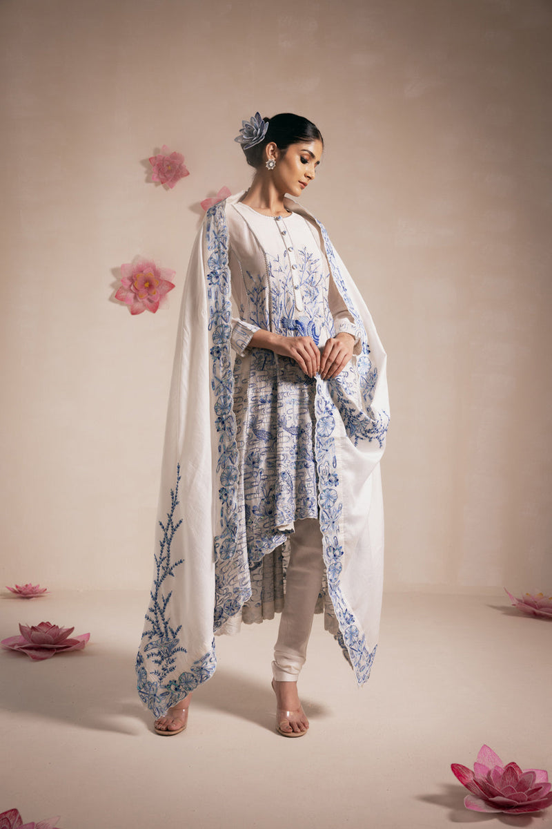 Blue Chanderi High Low Anarkali With Churidar