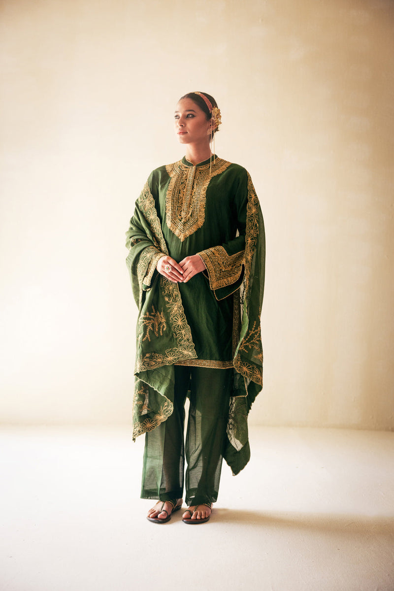 Green High Low Kurta Set