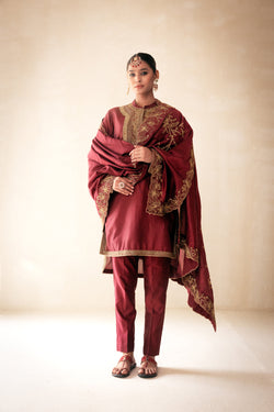 Maroon High Low Kurta Set