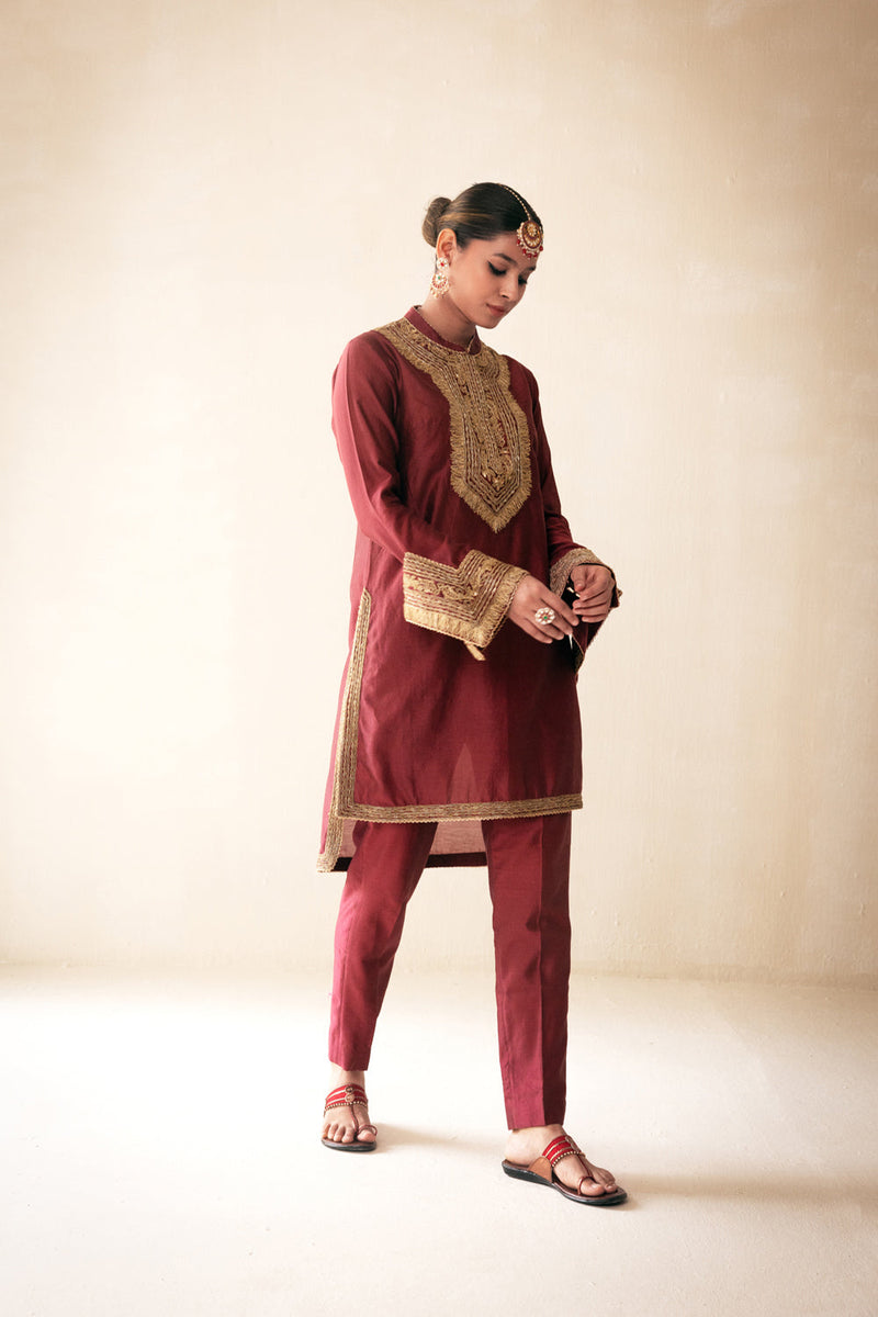 Maroon High Low Kurta Set