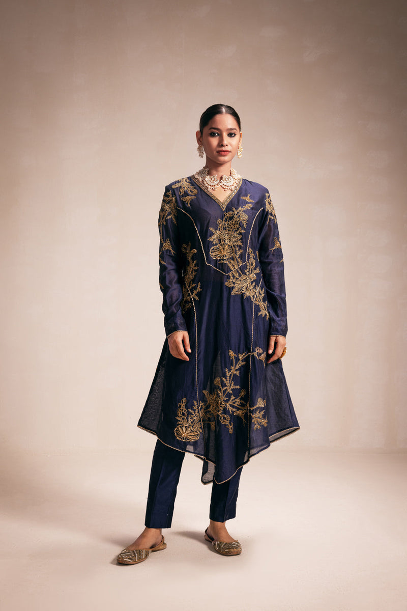 Blue Chanderi Structured Kurta Set