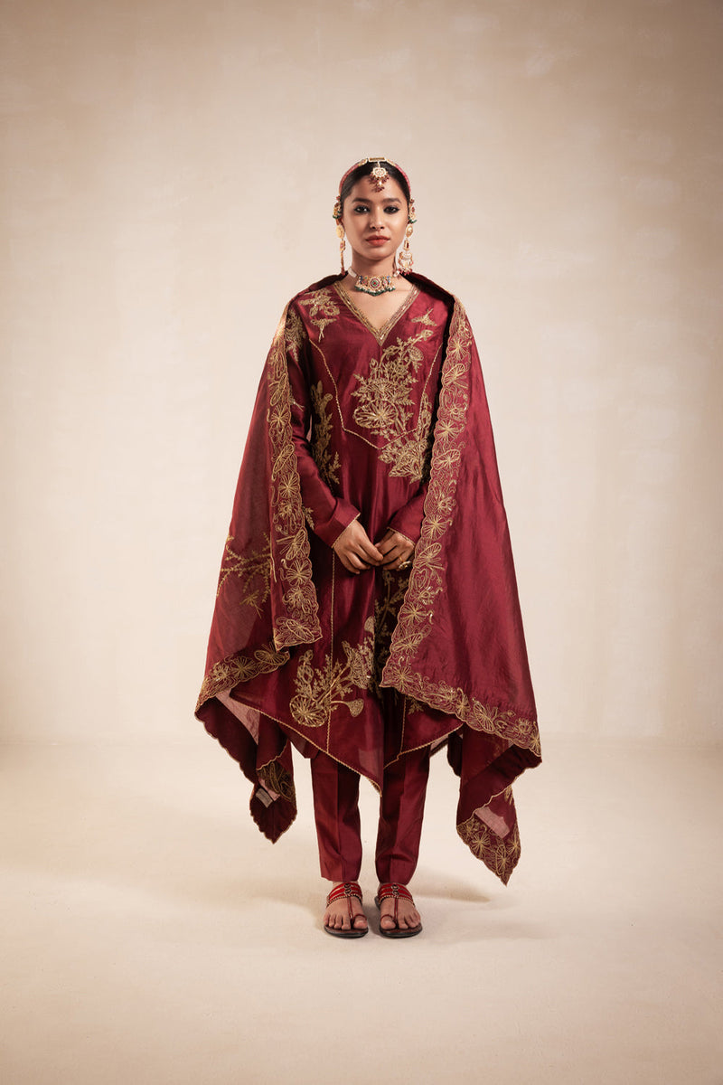 Maroon Chanderi Structured Kurta Set