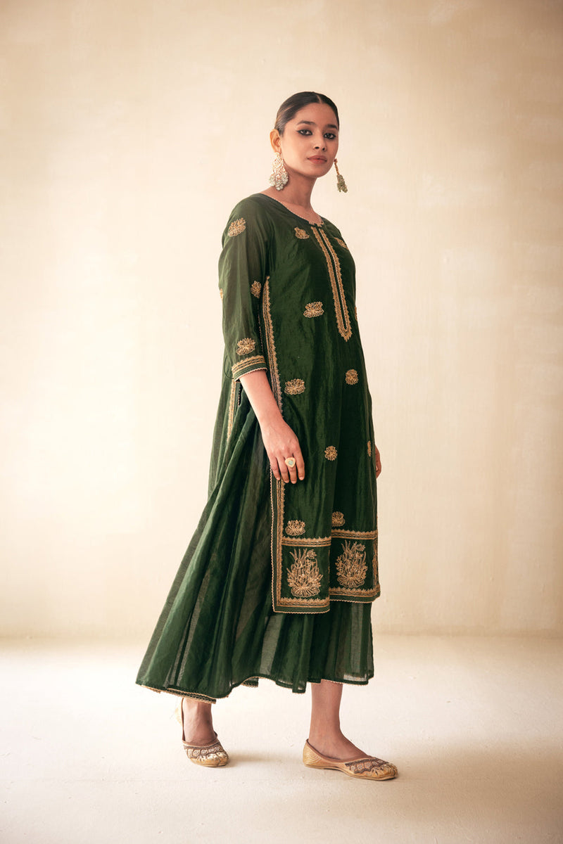 Green Chanderi Lucknowi Style Kurta