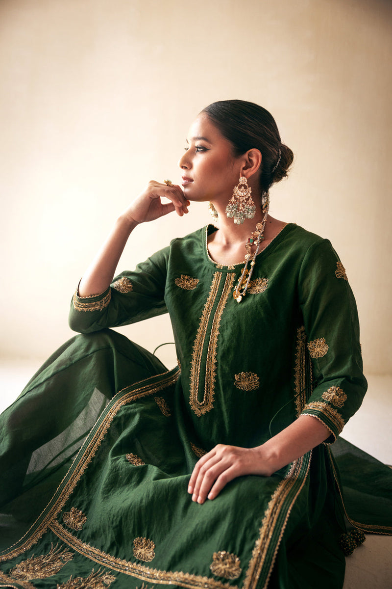 Green Chanderi Lucknowi Style Kurta