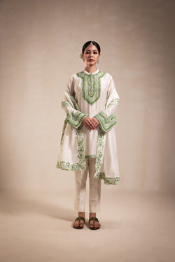 Ivory Kurta Set With Green Embllishment