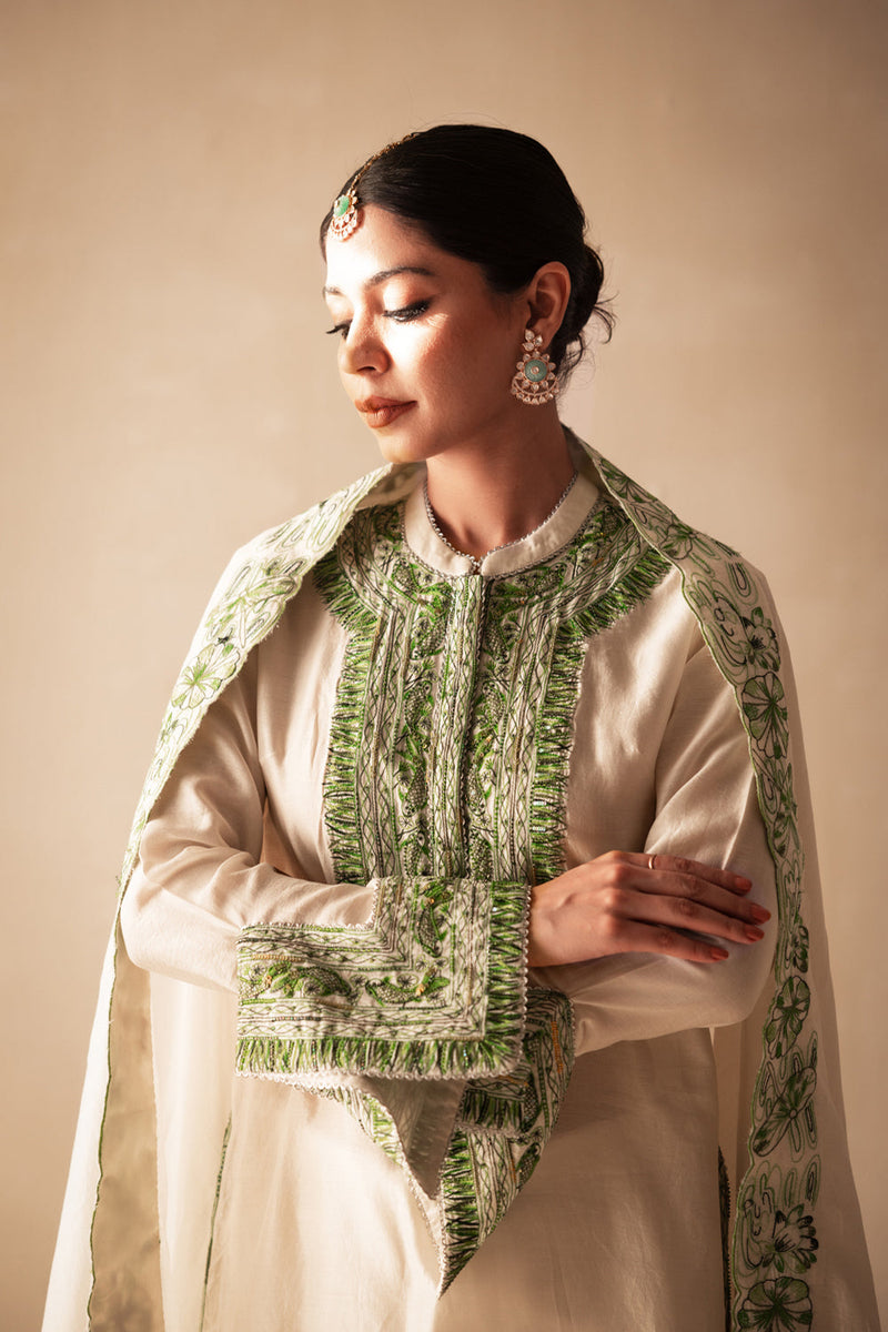 Ivory Kurta Set With Green Embllishment