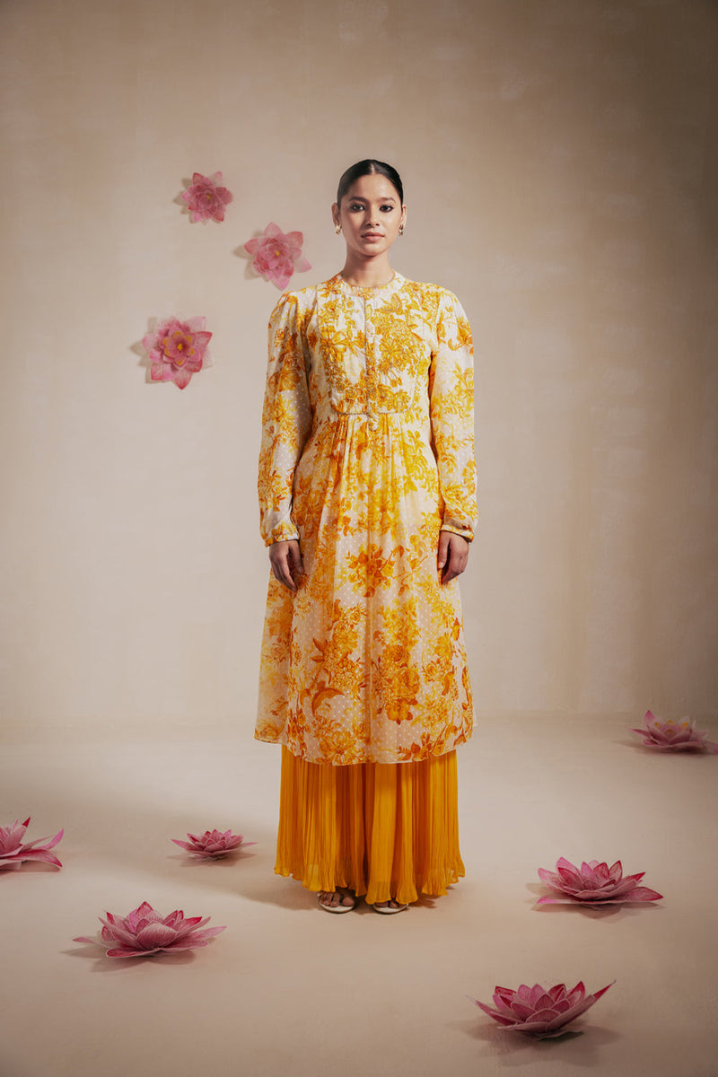 Yellow Rasasvada Printed Kurta Dress(Chiffon)