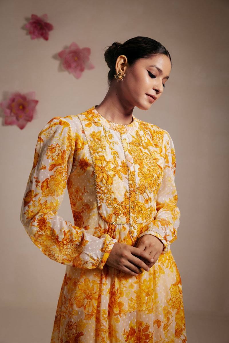 Yellow Rasasvada Printed Kurta Dress(Chiffon)