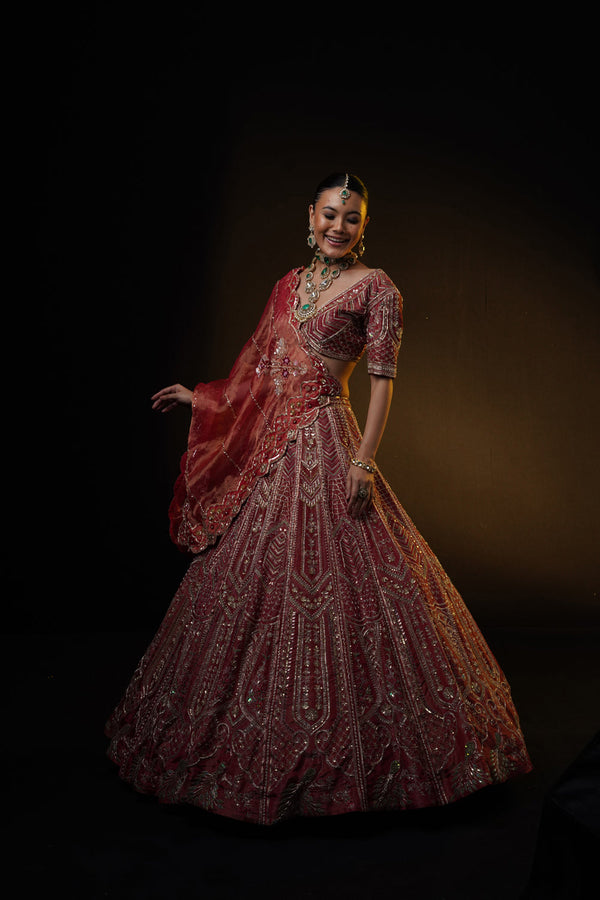 "Raya" Red Tissue Bridal Lehenga Set