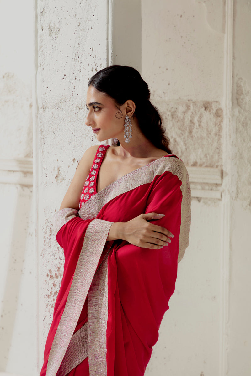 Red Silk Satin Saree