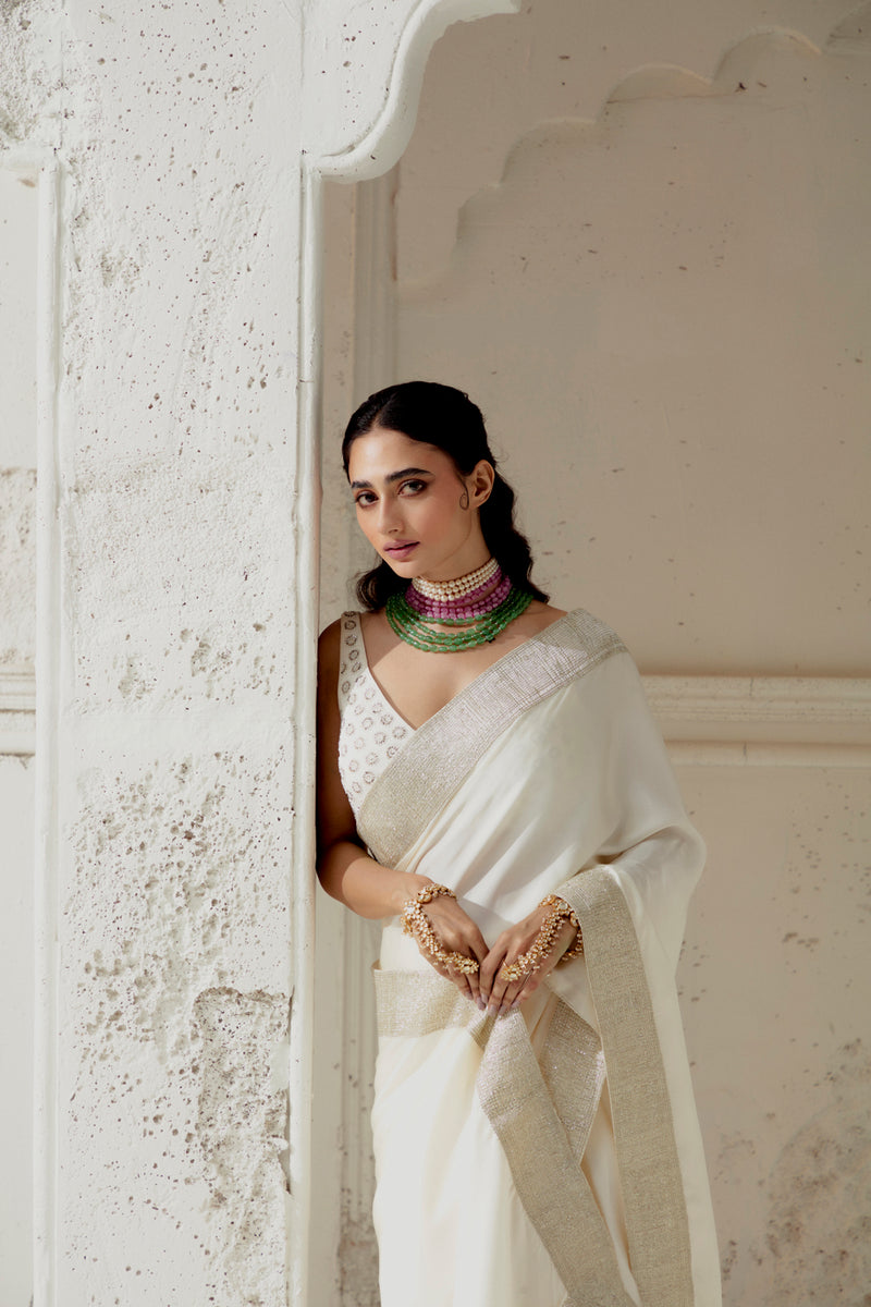 Ivory Silk Satin Saree