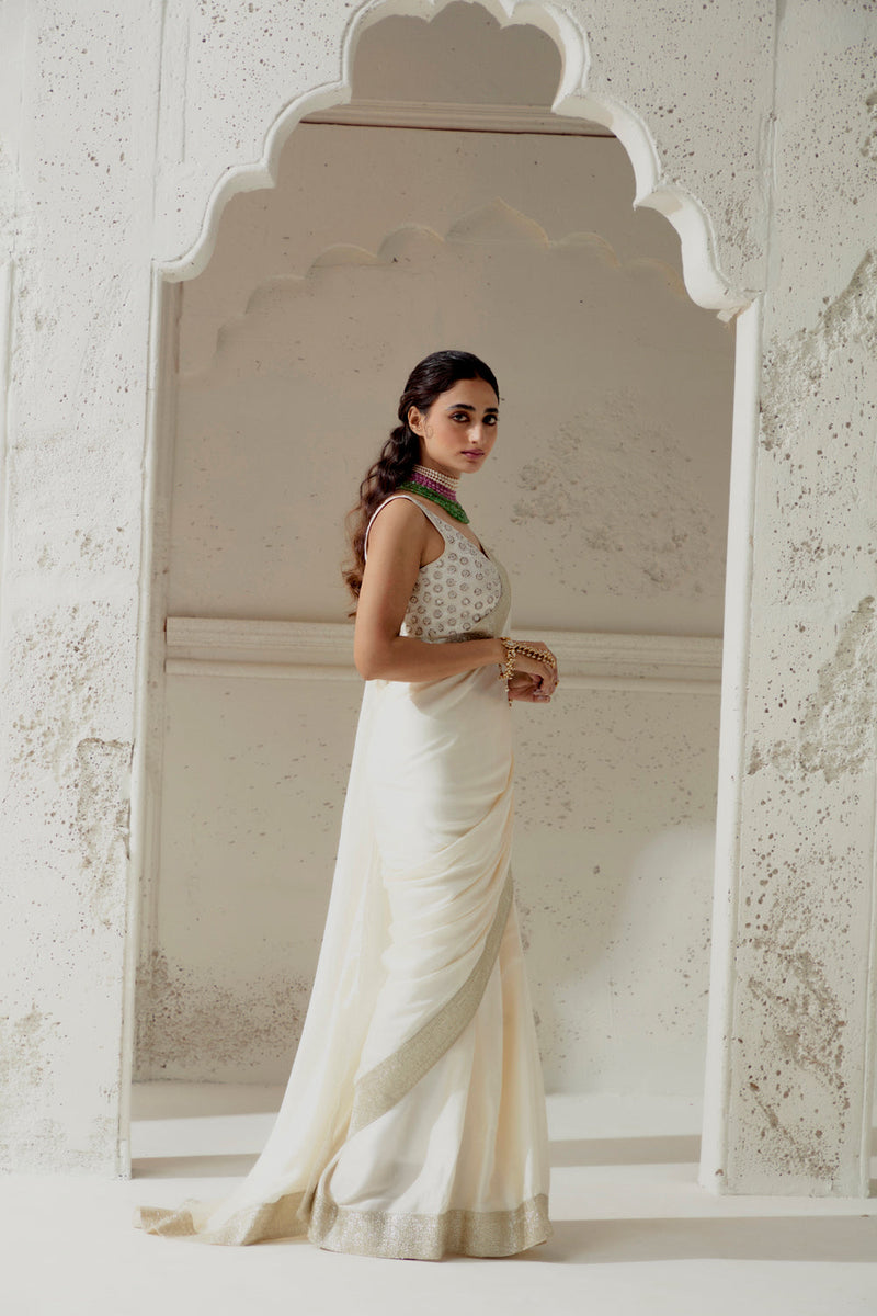 Ivory Silk Satin Saree