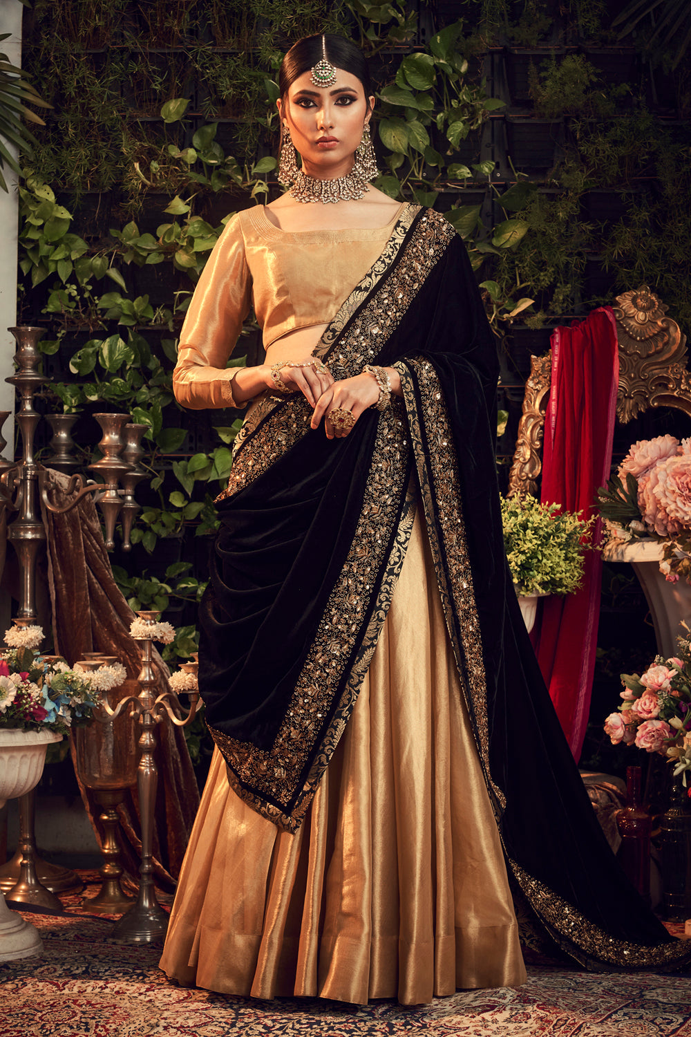 Oxidised Gold Lengha Set With Velvet Dupatta Shawl Estie Couture