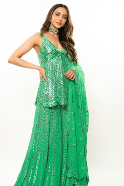 Green Mirror Work Sharara Set