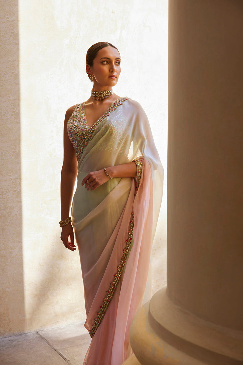 Green And Pink Ombre Organza Saree