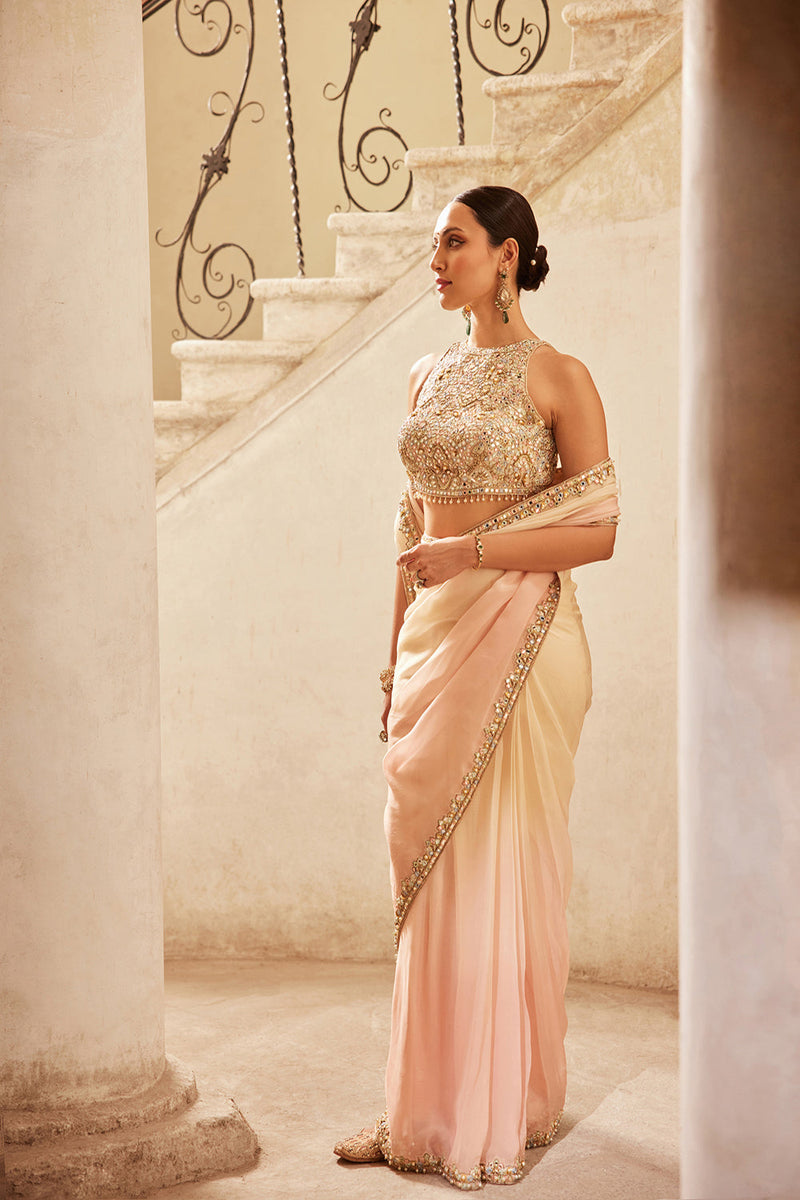 Pink Ivory Ombre Organza Saree Set