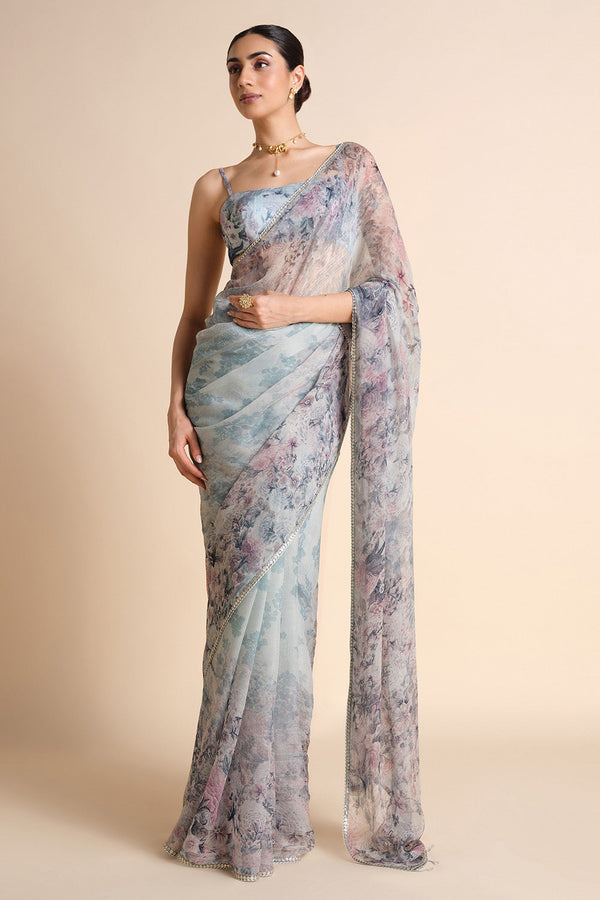 Flores Chiffon Saree - Powder Blue