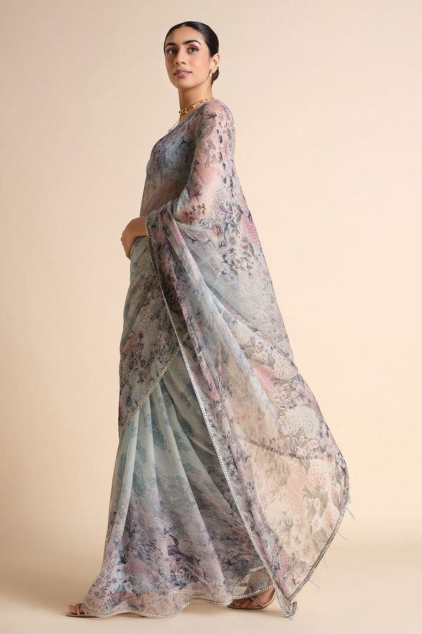 Flores Chiffon Saree - Powder Blue