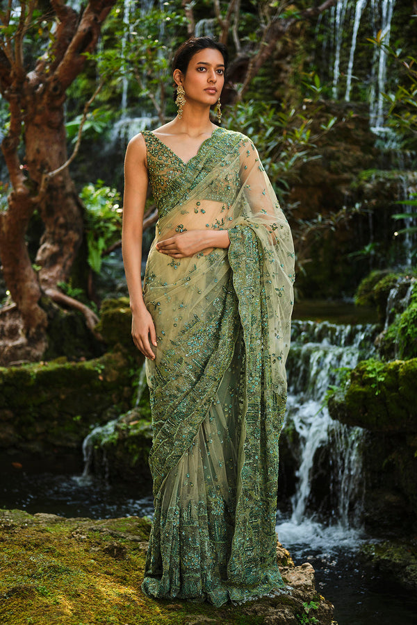 Grassland Embroidered Saree - Green