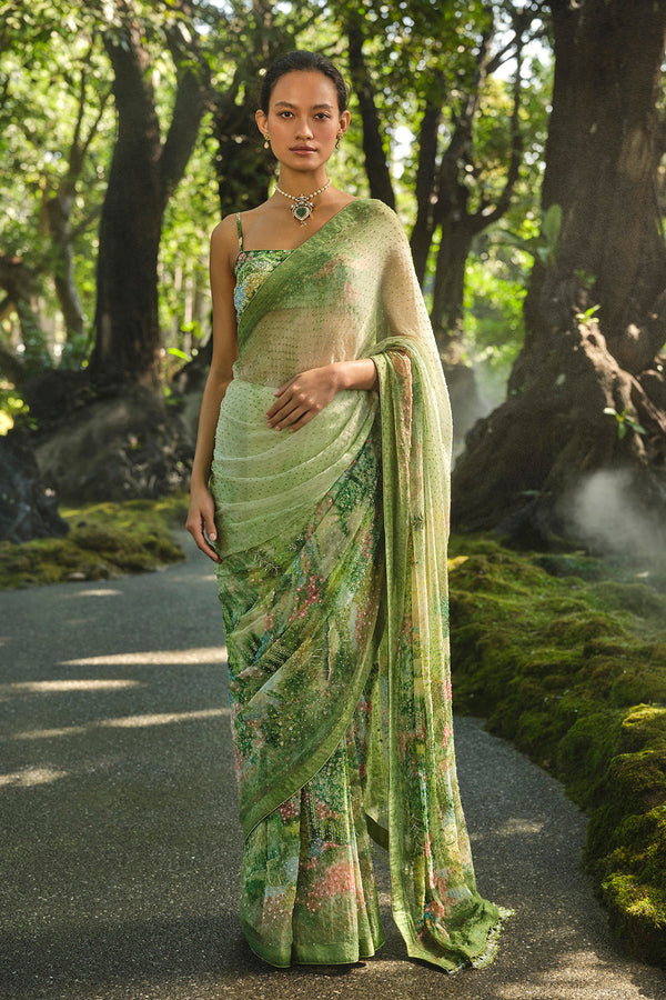 The Liveforest Embroidered Chiffon Saree - Green