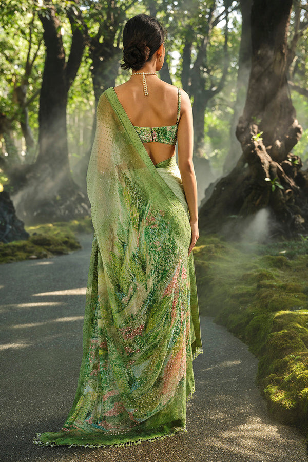 The Liveforest Embroidered Chiffon Saree - Green