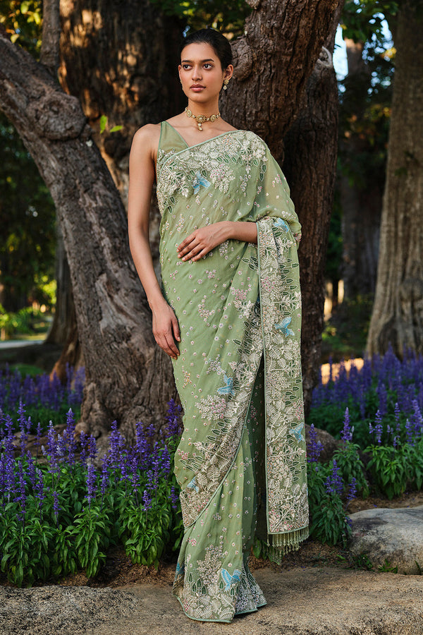 Elodea Embroidered Georgette Saree - Sage